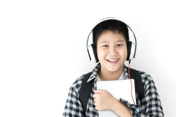 Niño Escuela Asiática Feliz Usando Auriculares Tabletas Concepto Estilo Vida — Foto de Stock