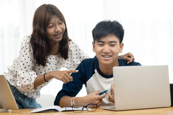 Asian Teenager Using Laptop Tablet Online Schooling Home Together Quarantine — Stock Photo, Image