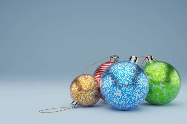 Navidad, Año Nuevo, Bolas de juguetes de árbol de Navidad de diferentes colores, primer plano sobre fondo azul, 3D Rendering . — Foto de Stock