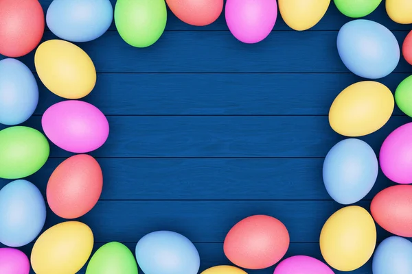 Veelkleurige eieren op een blauwe houten tafel, happy Easter concept, kopieerruimte. — Stockfoto