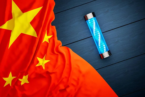 Le drapeau de la Chine et une éprouvette avec ADN reposent sur une table en bois, le concept d'un virus ou antivirus, une épidémie en Chine . Image En Vente