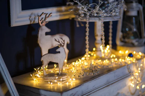 Éléments Décorations Noël Maison Close Lumières Intérieures Noël Guirlandes Jouets — Photo