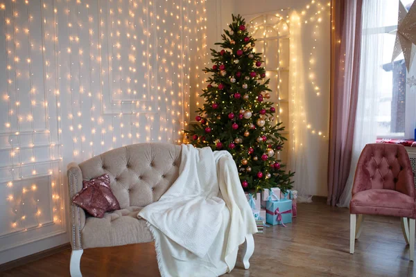 Decorado Para Ano Novo Interior Casa Árvore Natal Estúdio Decorado — Fotografia de Stock