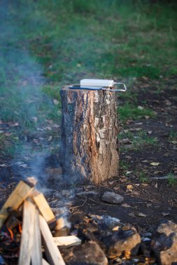 Sahada telefonunuzu ve aletlerinizi şarj etmek için bir güç bankasını kullanıyorsunuz. Sırt çantasında, kütükte, turist minderinde beyaz taşınabilir pil şarjı..