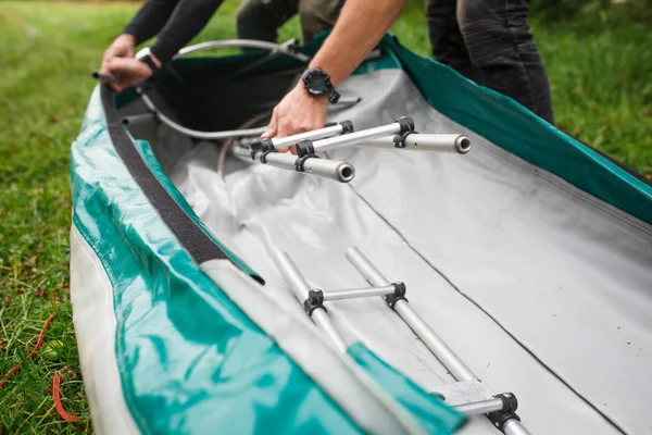 Proceso Montaje Reparación Kayaks Esqueleto Metálico Piel Pvc Marcos Madera — Foto de Stock