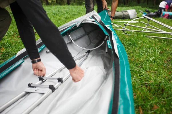 Process Assembling Repairing Kayaks Metal Skeleton Pvc Skin Wooden Aluminum — Stock Photo, Image