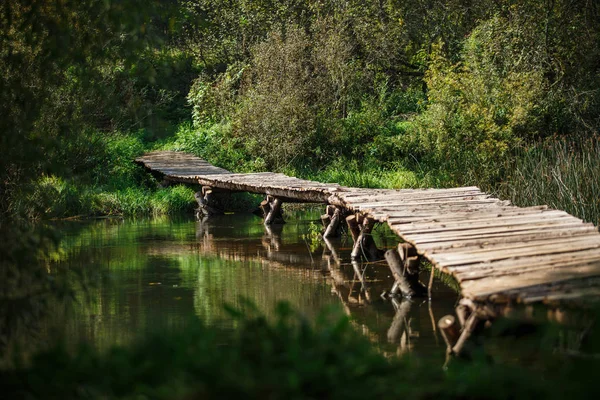 Pont Bois Sur Rivière Pont Inégal Rondins Sur Étang Calme — Photo
