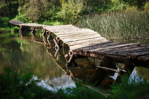 Wooden Bridge River Uneven Bridge Made Logs Quiet Pond — Stock Photo, Image