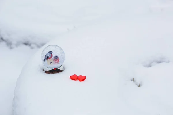 Dois Bullfinches Numa Bola Vidro Com Neve Corações Vidro Vermelho — Fotografia de Stock