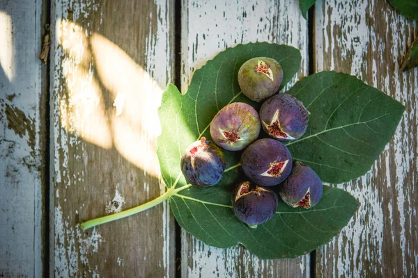 Ripe figs on a Fig leaf. Red cores of ripe figs