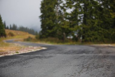 Bulgaristan 'ın dağlık bölgesinde asfalt yol. Çatlak asfalt, orman ve tarla boyunca keskin virajlı dağ yılanı.