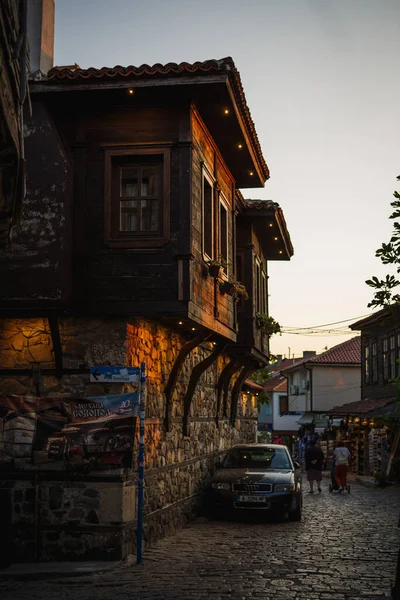 Calles Adoquinadas Parte Turística Antigua Ciudad Bulgaria Típicas Casas Búlgaras —  Fotos de Stock