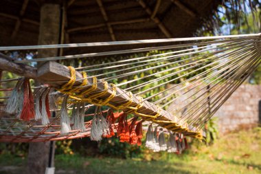Bir hasır asılmış yaz sandalyesi tropik ağaçların gölgesinde asılı duruyor. Örgü örüyorum.