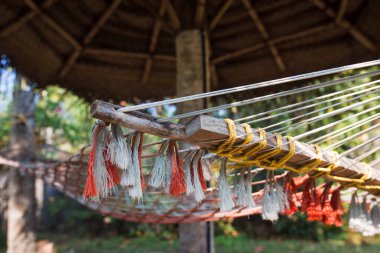Bir hasır asılmış yaz sandalyesi tropik ağaçların gölgesinde asılı duruyor. Örgü örüyorum.
