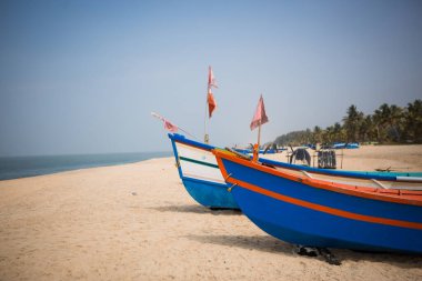 Kerala 'nın kumlu sahillerinde balıkçı tekneleri, Mararikulam balıkçı köyü. Palmiye ağaçlarının arasında parlak renkli bir tekne