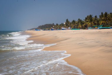 Hint okyanusunun kumlu sahilinde beyaz köpükle el salla. Kerala 'daki deniz kıyısı, kumsaldaki balıkçı tekneleri, bir martı..