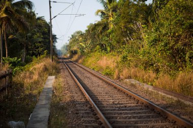 Hindistan 'da eski bir demiryolu Kerala. Paslı Dur tabelası, arabalı uzun tren, demiryolu bariyeri