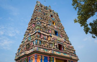 Hindistan 'ın Allapuzha (Allepi) Kerala kentindeki geleneksel Hindu tapınağı Kidangamparambu Sree Bhuvaneswari. Hint mitolojisinin renkli figürleri ve canlı kuş sürüsüyle dolu uzun bir bina..