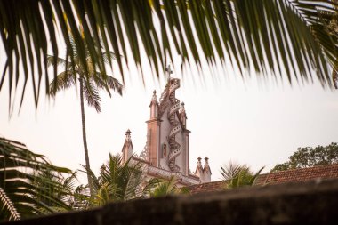 Hindistan 'daki Hristiyan Katolik Kilisesi, palmiye ağaçlarının tropikal yaprakları arasında Kerala. Hindistan 'da gün batımının pembe ışığında tapınağın beyaz duvarları.