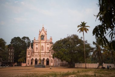 Hindistan 'daki Hristiyan Katolik Kilisesi, palmiye ağaçlarının tropikal yaprakları arasında Kerala. Hindistan 'da gün batımının pembe ışığında tapınağın beyaz duvarları.
