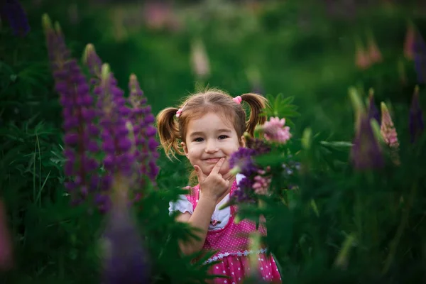 Ein Kleines Fröhliches Mädchen Mit Zwei Hellen Schwänzen Auf Dem — Stockfoto