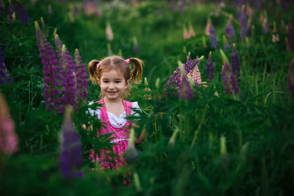 Small Cheerful Girl Two Light Tails Her Head Green Field — Stock Photo, Image