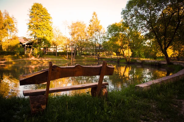 Banco Madera Banco Estanque Parque Lugar Pintoresco Para Relajarse Naturaleza —  Fotos de Stock