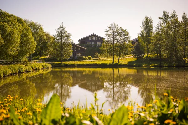 Lake in the Park among green trees and fields of dandelions. Trees are reflected in the lake and two wooden boats are standing on the shore