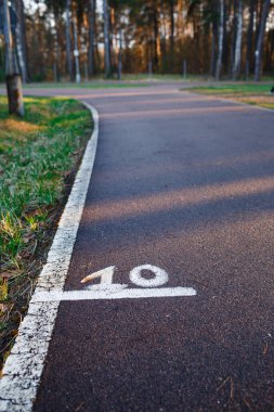 Ormanda 10 metrelik bir işaretle asfalt yolda koşuyor. Yürüyüş ve parkta yürüyüş için bir yol.