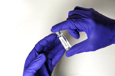 Doktorun elleri mavi tıbbi lastik eldivenlerde üzerinde VACCINE yazan bir şişe tutuyor. Tıbbi konsept, salgının tedavisini içeren şişe. Beyaz arkaplan