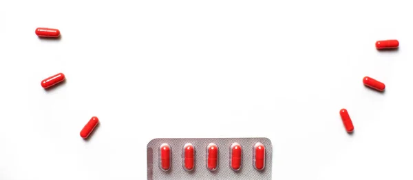 Red Medicines White Background Tablets Capsules Pills Packages Pharmaceuticals Bright — Stock Photo, Image