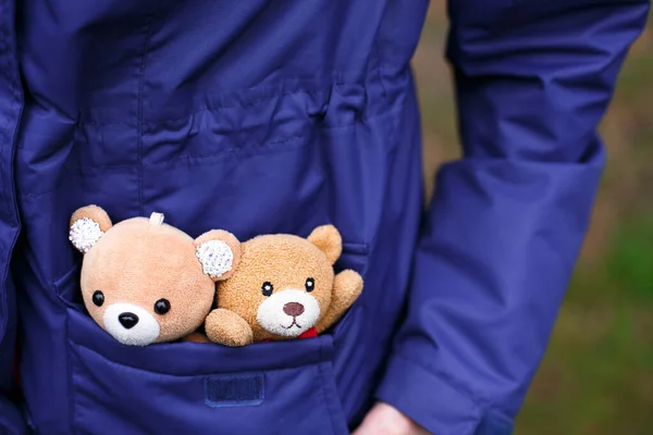 Couple Teddy Bears Love Pocket Girl Blue Jacket Romance Bears — Stock Photo, Image
