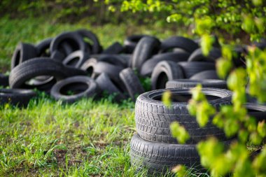 Ormandaki taze yeşil çimlere kullanılmış lastikler. Ekoloji ve çevre kirliliği sorunu, üretimden ve otomotiv endüstrisinden kauçuk atıklarının işlenmesi