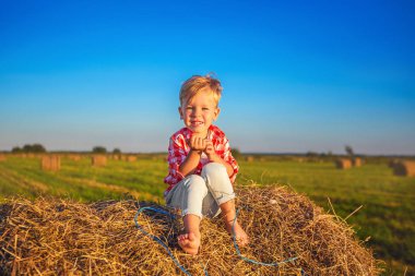 Küçük bir çocuk bir haystack üzerinde oturan ve çerçeve arıyorum. Çocuk kırsal haystacks alanıyla üzerinden yürür. Ülke stil