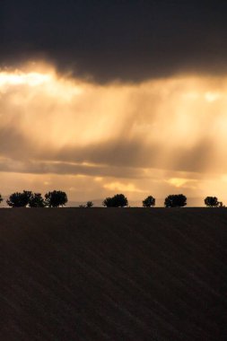 Fransa 'nın güneyindeki Rolling Hills arazisinde dramatik Günbatımı ve Fırtına Bulutu