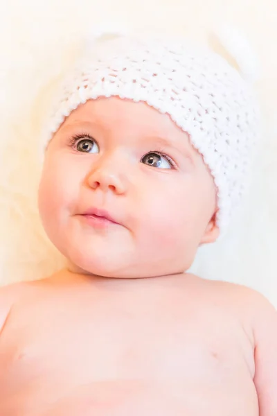 Cute Baby Girl Smiling Wearing Soft Knit Bear Ears Hat — Stock Photo, Image