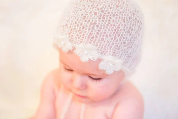 Cute Baby Girl Wearing Soft Knit Wool Hat Flowers — Stock Photo, Image