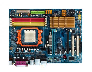 Anakart Yuvaları PCI, Ddr, Cpu Visible soğutucu ile mavi. Yukarıdan kırpma yoluyla görüntüleme