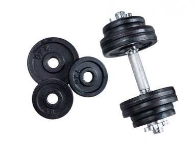 Spor salonu dumbbells kırpma yolu ile beyaz arka plan üzerinde. Yukarıdan çekilmiş fotoğrafı