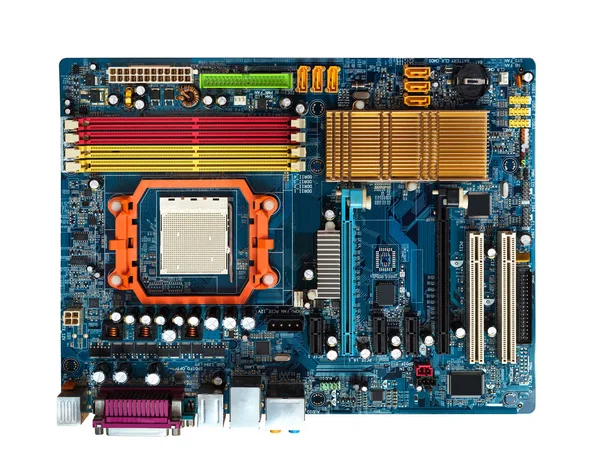 Anakart Yuvaları PCI, Ddr, Cpu Visible soğutucu ile mavi. Yukarıdan kırpma yoluyla görüntüleme