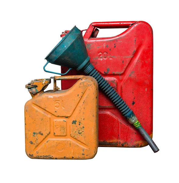 Old Red Orange Metal Fuel Tank Transporting Storing Petrol Funnel — Stock Photo, Image