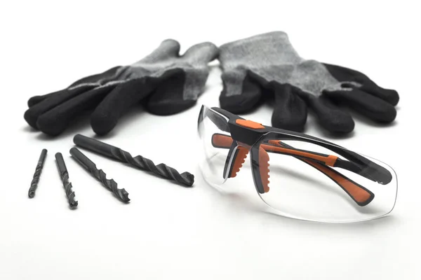 Proteção Óculos Segurança Luvas Conjunto Visível Brocas Isolado Branco — Fotografia de Stock