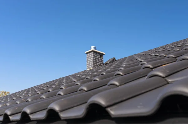 Roof Single Family House Covered New Ceramic Tile Anthracite Blue — ストック写真