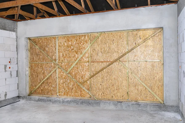 Large Entrance Garage Secured Osb Boards Which Nailed Strips — Stock Photo, Image