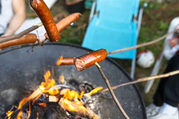 Sausages Wooden Stick Baked Bonfire Home Garden — Stock Photo, Image