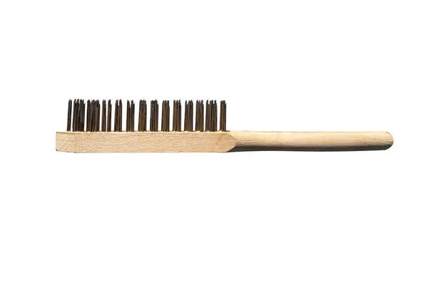Long, wire brush with a wooden handle, isolated on a white background with a clipping path.