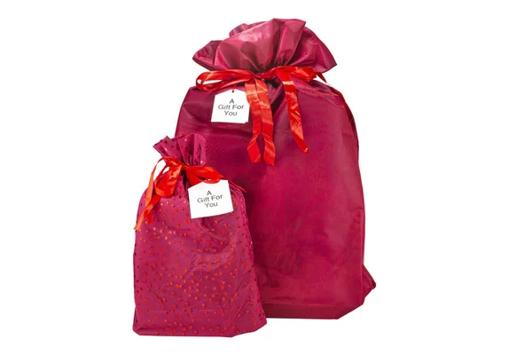 Two Christmas Presents Wrapped Burgundy Fabric Ribbon Inscription Gift You — ストック写真