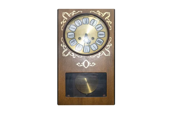 Duży Zegar Ścienny Drewna Odizolowany Białym Tle Ścieżką Wycinania — Zdjęcie stockowe