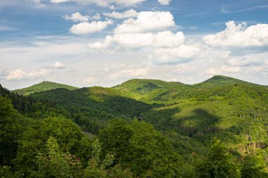 Landscape of green forest on the hills in summer with blue sky and white clouds. Photo taken in West Germany.