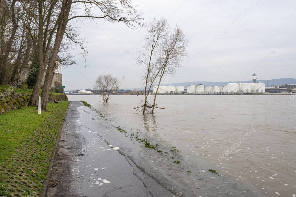 The high state of the river Rhine in western Germany, which emerged from the riverbed, flooded pavement and bicycle path.